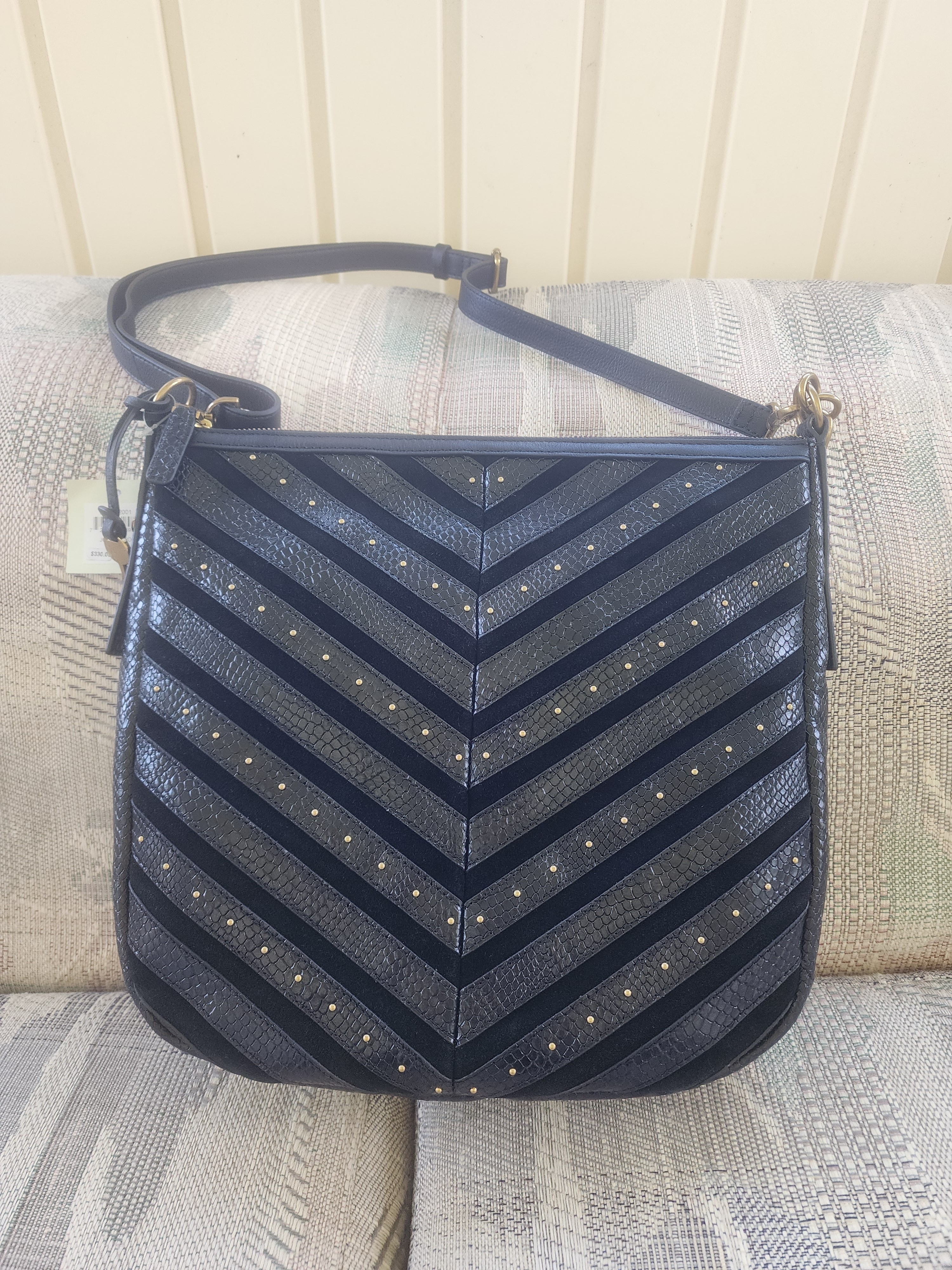 Fossil Jolie Black Chevron Studded Shoulder Or Crossbody Bag